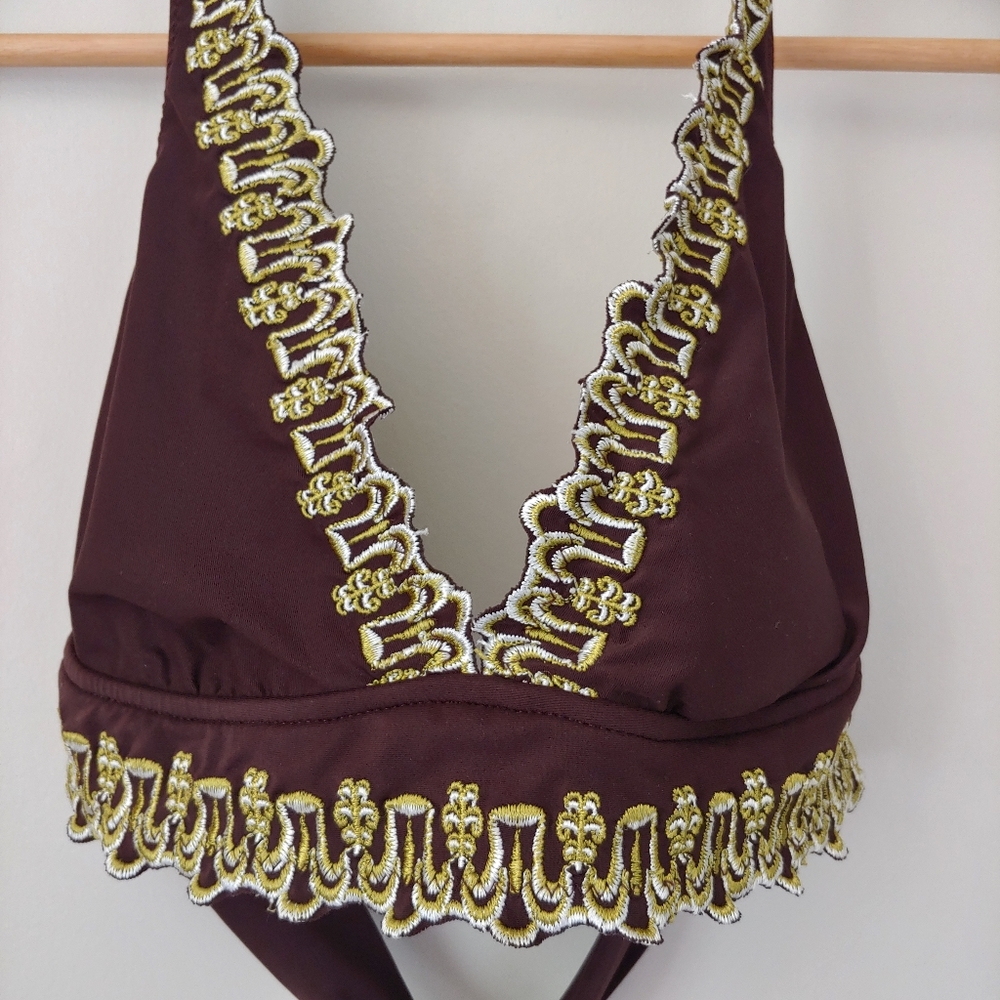 BECCA Swimsuit Embroidered Tie Bikini Set Brown Vintage Size Small - Picture 3 of 11